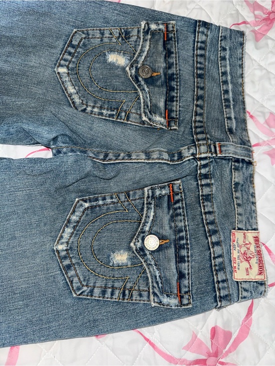 True Religion Denim - True Religion Blue Distressed Bootcut Jeans with Signature Back Pockets